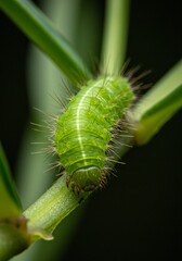 Fototapeta premium Hairy Green Caterpillar on Plant Stem Macro Close Up Nature Wildlife