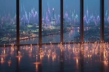 Futuristic cityscape view from a highrise office with stock market data overlay at night