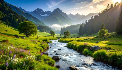 Mountain valley landscape with river at sunset.