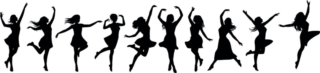 Silhouette of dancing women in various poses, energetic dance moves, joyful expressions, perfect for creative projects, stock image, black background