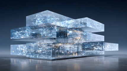 Transparent, cubed structure with glowing digital data.