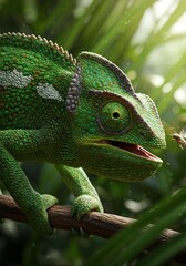 Obraz premium Green Chameleon Hunting Insect in Rainforest Wildlife Predator Camouflage