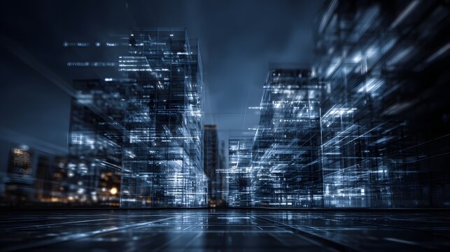 Futuristic cityscape at night, illuminated by digital code. - Powered by Adobe