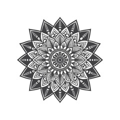 Detailed Dark Gray Mandala with Complex Geometric and Floral Motifs on White Background intricate