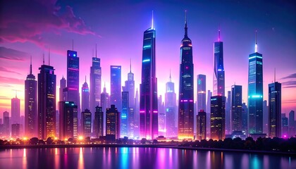 Neon cityscape skyline over water at sunset.