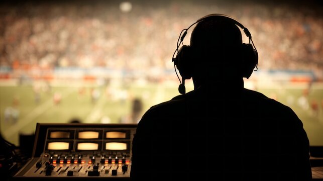 Sports commentator focused on game analysis in busy stadium press box during live event - Powered by Adobe