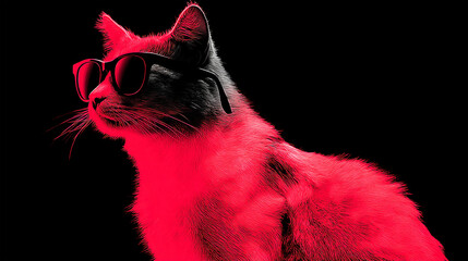 Stylish cat wearing sunglasses against a dramatic red and black background, exuding confidence