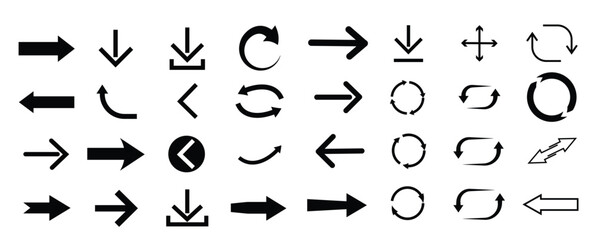 Various arrow symbols displayed on a white background. The collection includes straight, curved, and circular arrows pointing in multiple directions