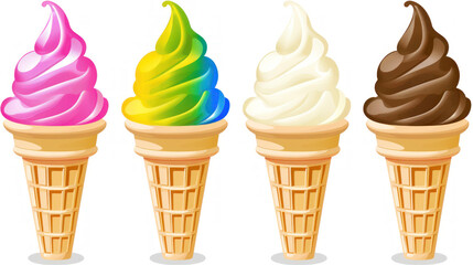 Colorful Soft Serve Ice Cream Cones in Various Flavors Perfect for Summer Treats and Desserts Displayed on a Clean White Background