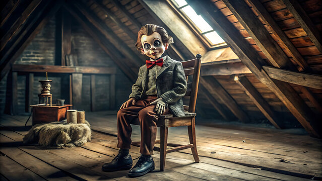 Creepy ventriloquist dummy sitting on old wooden chair in darkness