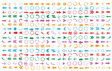 A dense assortment of various arrow icons in diverse shapes and sizes covers the white background.