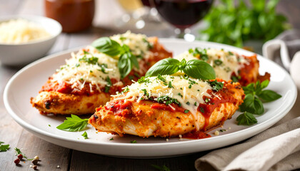 Chicken parmigiana topped with basil and cheese on a wooden table