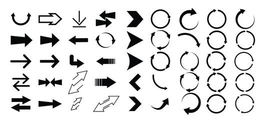 Collection of various arrow icons, featuring different styles and directions, such as straight, curved, circular, and chevron.