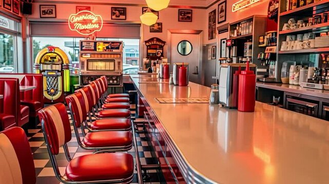 Ameriday Motions neon sign in a classic retro American diner. Vintage 1950s style restaurant with red booths, bar stools, and a jukebox.