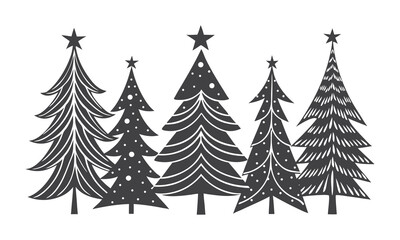 Group of Stylized Black and White Christmas Trees with Stars holiday winter
