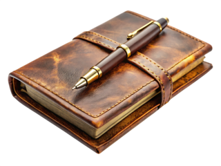 vintage leather diary with antique pen png old journal with pen rustic pen and diary unique vintage journal on white background PNG.AI Generated