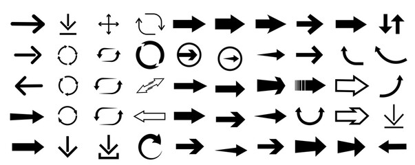 Naklejka premium Various arrow symbols displayed on a white background. The collection includes straight, curved, and circular arrows pointing in multiple directions