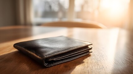 Black leather wallet resting on a wooden table.