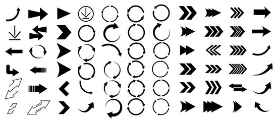 Collection of various arrow icons, featuring different styles and directions, such as straight, curved, circular, and chevron.