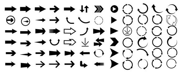 Collection of various arrow icons, featuring different styles and directions, such as straight, curved, circular, and chevron.
