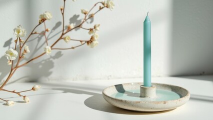 Minimalist blue candle on ceramic holder with delicate branches in sunlit space