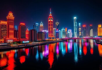 Obraz premium Chongqing's vibrant skyline at night, illuminated buildings reflecting in the Yangtze River, china, chongqing