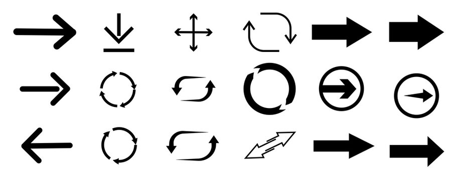 Various arrow symbols displayed on a white background. The collection includes straight, curved, and circular arrows pointing in multiple directions