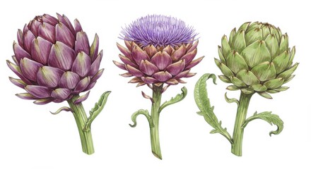 Obraz premium Detailed Watercolor Illustration of Three Artichokes in Different Stages of Bloom isolated on White Background Art Print