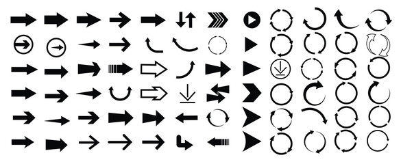 Collection of various arrow icons, featuring different styles and directions, such as straight, curved, circular, and chevron.