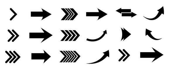A collection of various black arrow icons arranged in three rows. The designs include simple arrows, chevrons, zigzag patterns, and curved arrows. 