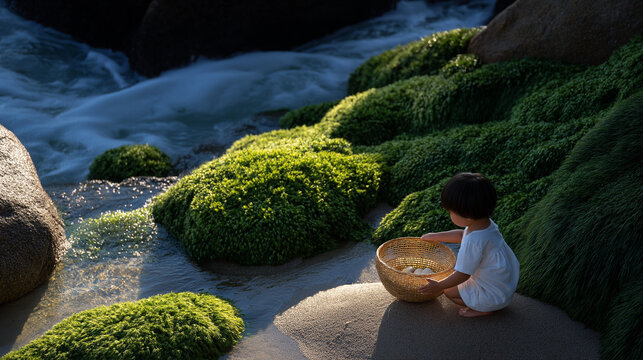 Child exploring a tide pool with shells and natural coastal scenery - Powered by Adobe
