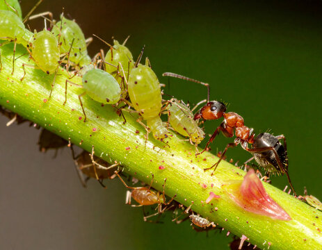 Ant tending to a colony of green aphids on a plant stem in a garden setting.