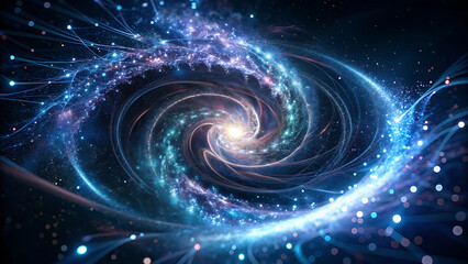 Digital swirl of glowing constellations and particle trails