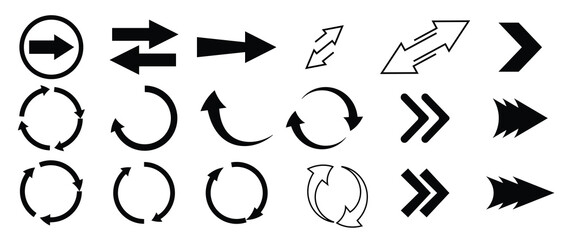 Various arrow symbols displayed on a white background. The collection includes straight, curved, and circular arrows pointing in multiple directions