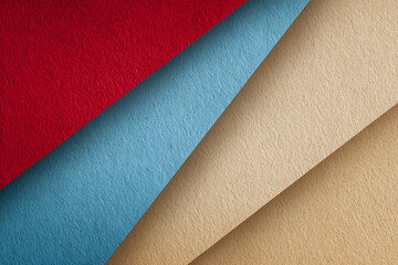 Red blue and beige textured paper layers diagonal abstract background layered