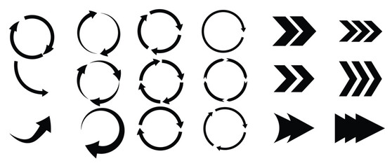 Black arrow icons showcase various designs and orientations against a white background. The left section features circular arrow patterns indicating rotation or recycling