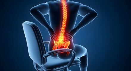 Glowing Spine with Lower Back Pain in Blue, Seated Figure