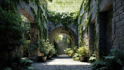 Sunlit overgrown stone corridor. Lush greenery climbs ancient walls
