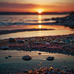 Obraz premium Colorful Sunset Scenery With Colorful Scattered Stones AI generated
