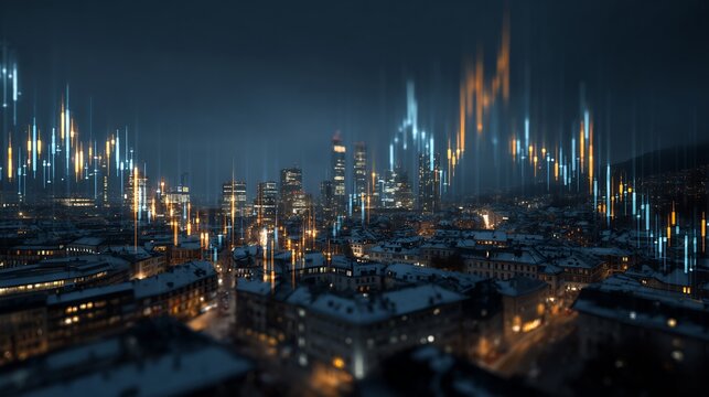 Financial stock market analysis over the city skyline at night with glowing charts and data visualization