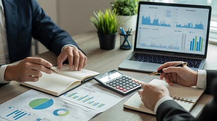 Business Professionals Analyzing Financial Data: Charts, Graphs, and Meeting