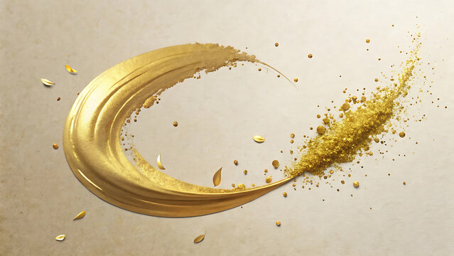 Golden splatter paint stroke curved mid air over elegant background for art design and creative projects