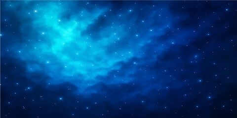 An abstract, deep blue night sky with bright stars, nebula, and galaxies