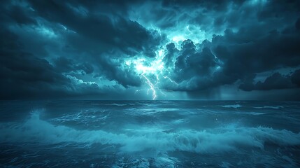A dramatic thunderstorm over a vast ocean, lightning illuminating the dark clouds, heavy rain crashing.
