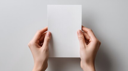 Woman's Hands Holding a Blank White Card, Perfect for Mockups, Greetings, and Invitations on Neutral Background