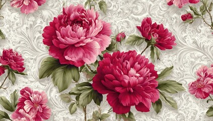 Floral pattern with large pink and red peonies on a textured white background