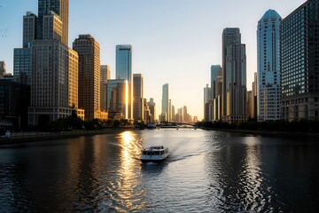 Fototapeta premium Chicago River at Sunrise: Breathtaking Cityscape with Boat, Urban Architecture, Golden Hour Reflection