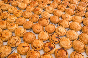 Freshly baked pies for sale at farmers market in Palma, Mallorca