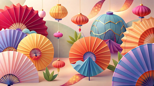 Illustration of colorful paper fans and lanterns for festive celebration and cultural decoration design