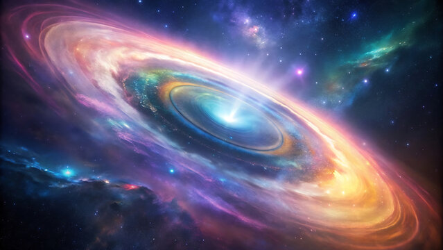 Iridescent galaxy with rotating rings and vibrant colors for cosmic space and futuristic digital art